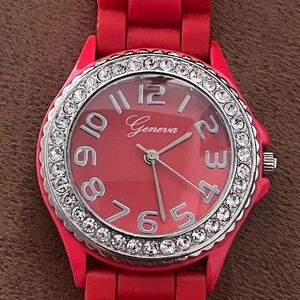 Red Geneva Crystal-Trim Watch – Waterproof Rubber Band – Never Worn